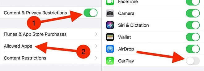 Tiếp tục bật Content & Privacy Restrictions, sau đó chọn Allowed Apps. Ảnh: internet.