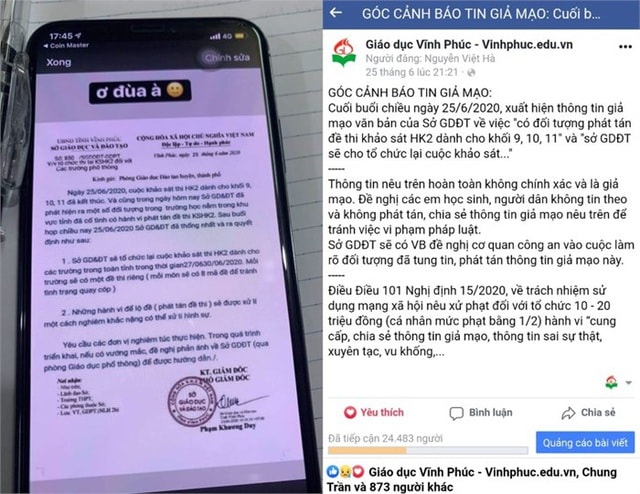 Trang Giáo dục Vĩnh Phúc đã cảnh báo nội dung văn bản giả mạo được đăng trên mạng xã hội.