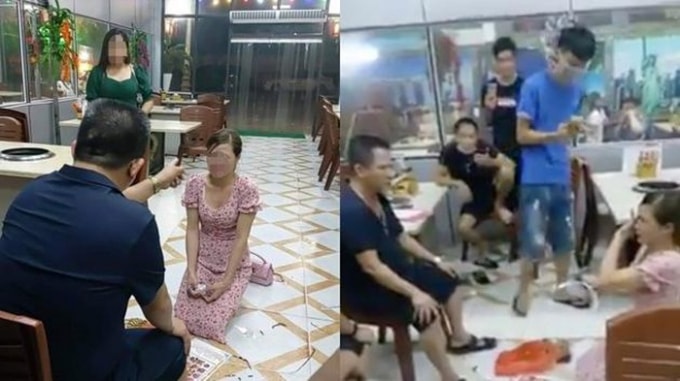 Chủ quán Nhắng Hiền Thiện làm nhục người phụ nữ trẻ rồi livestream trên facebook. Ảnh: cắt từ clip.