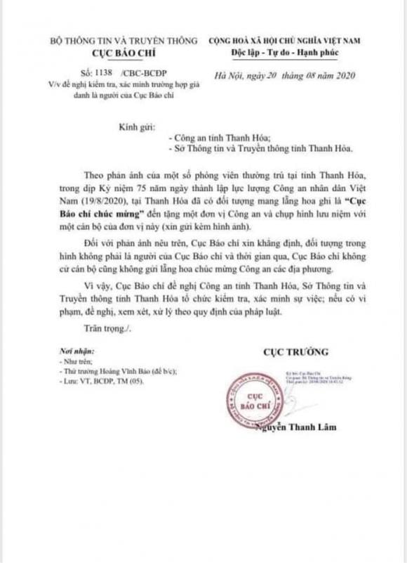 Văn bản của Cục Báo chí. Ảnh: TL.