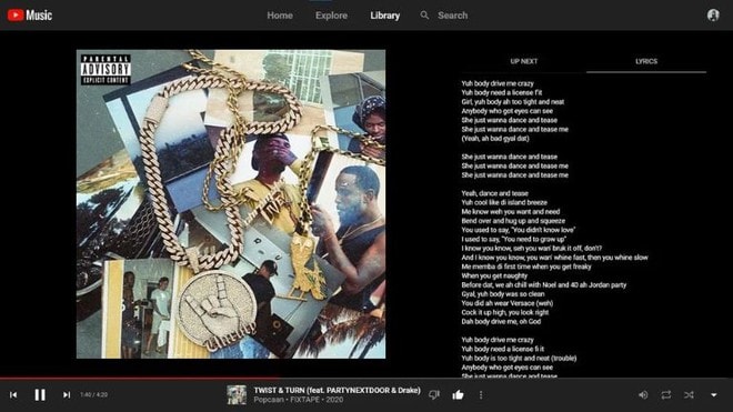 Hình ảnh giao diện web của YouTube Music đã bắt đầu hiển thị lời bài hát. Ảnh: internet.