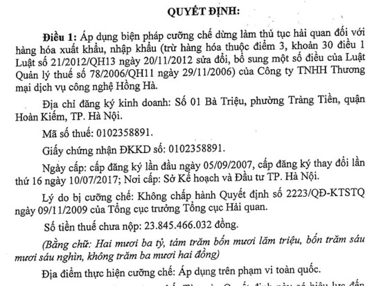 Quyết định của Tổng cục Hải quan áp dụng biện pháp cưỡng chế dừng làm thủ tục hải quan đối với hàng hóa xuất nhập khẩu của Công ty TNHH Hồng Hà