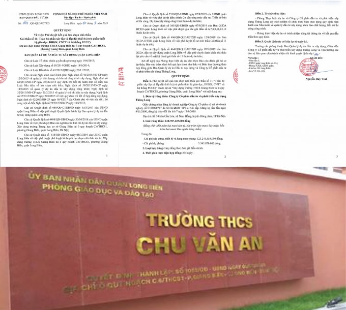 Quyết định phê duyệt dự án Xây dựng trường THCS Giang Biên do ông Nguyễn Huy Vinh - Giám đốc Ban QLDA ký, nay thành trường THCS Chu Văn An