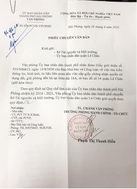 Phiếu chuyển văn bản số 654/PCVB-VPUBND của UBND TP Hải Phòng giao cho Sở Tài nguyên và Môi Trường cung cấp thông tin theo quy định.