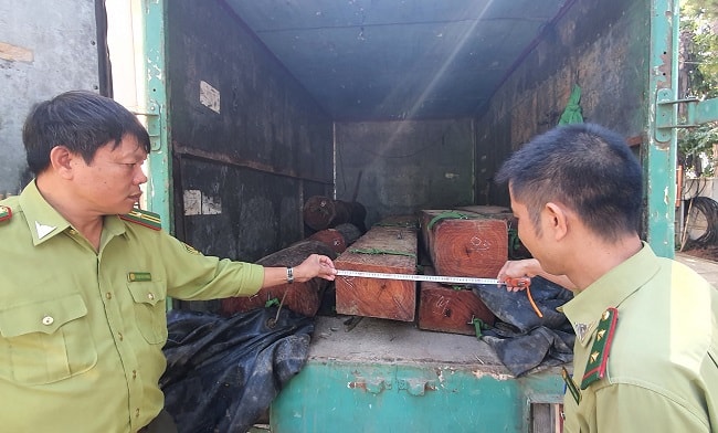 Xe chở gỗ lậu bị lực lượng chức năng bắt giữ. Ảnh: CAND