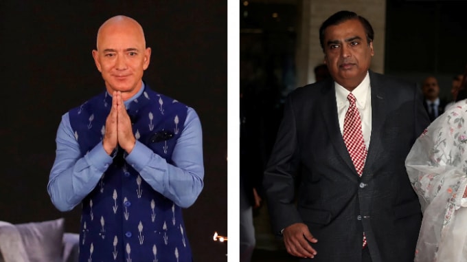 Jeff Bezos - ông chủ Amazon (trái) và Mukesh Ambani - ông chủ Reliance Industries cạnh tranh ngôi vương trong thị trường hiệu thuốc trực tuyến đang phát triển của Ấn Độ. Ảnh: Nikkei / Reuters
