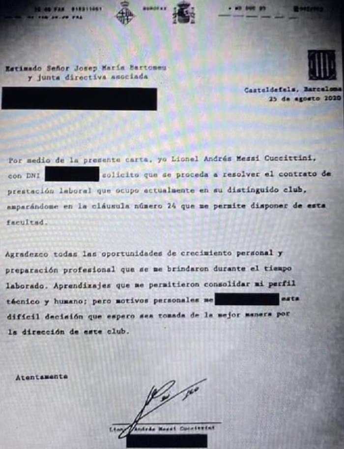 Bản fax Messi gửi lãnh đạo Barca đòi rời đội bóng. Ảnh: internet.