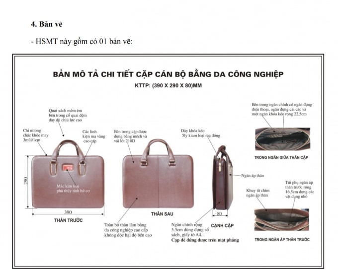 Bản vẽ trong hồ sơ mời thầu mua cặp da của tỉnh Nam Định.