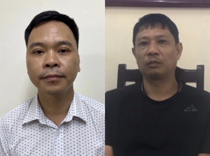 Anh trai Bùi Quang Huy là Bùi Quốc Việt (bên phải) cùng Võ Việt Hùng, Giám đốc Công ty TNHH Đầu tư và Phát triển Đông Kinh đã bị khởi tố, bắt giam.