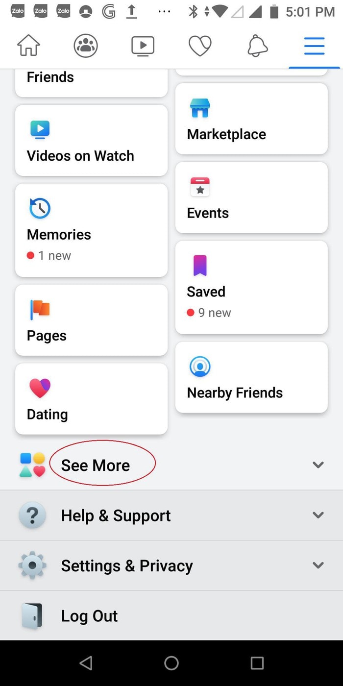 Bạn cần mở Facebook lên, sau đó bạn click biểu tượng menu ở góc trên cùng bên phải. Sau đó, hãy cuộn xuống và nhấp vào “See More”. Ảnh: internet.