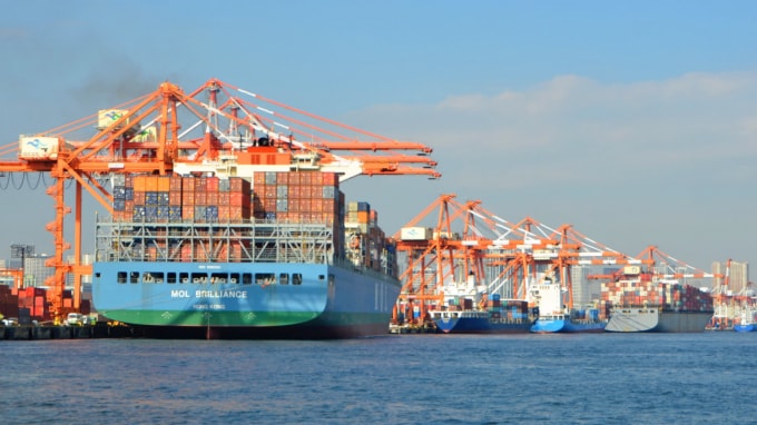 Tàu container tại cảng Oi của Tokyo. Nhật Bản muốn kết hợp hợp tác chuỗi cung ứng của mình với ASEAN và sáng kiến ​​mới với Ấn Độ và Australia - Ảnh: Reuters