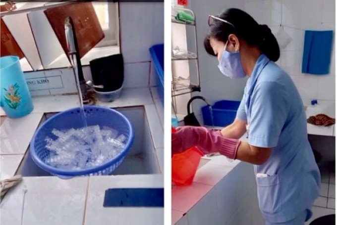 Hình ảnh nữ y tá vệ sinh hàng chục phụ kiện Cuvete dùng cho máy ACL – Top 300 được cắt từ clip