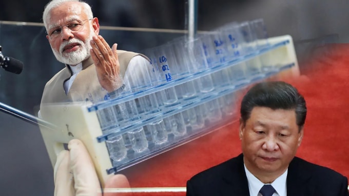 Thủ tướng Ấn Độ Narendra Modi (bên trái) và Chủ tịch Trung Quốc Tập Cận Bình đang tìm cách củng cố quan hệ chặt chẽ hơn với Bangladesh thông qua việc cung cấp vắc-xin COVID-19. Ảnh dựng bởi: Nikkei / Nguồn ảnh của Reuters và AFP / Jiji