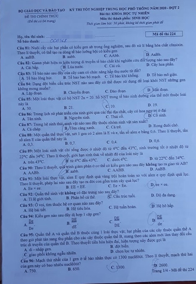 sinh học mã đề 224