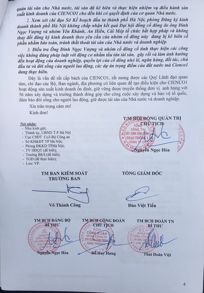 Đơn của Cienco1 gửi cơ quan chức năng nhằm ngăn chặn việc thay đổi ĐKKD và người đại diện theo pháp luật tại công ty