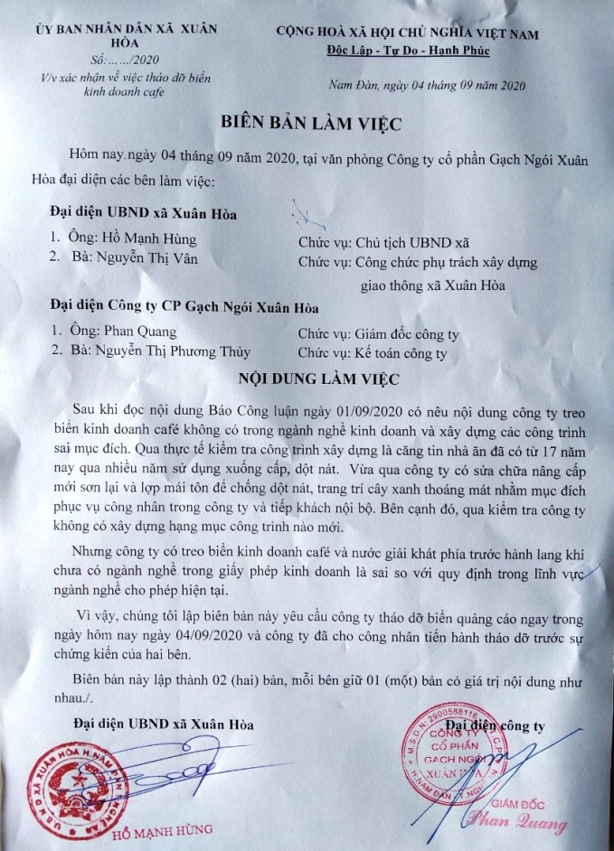 Biên bản tháo dỡ biển kinh doanh cà phê