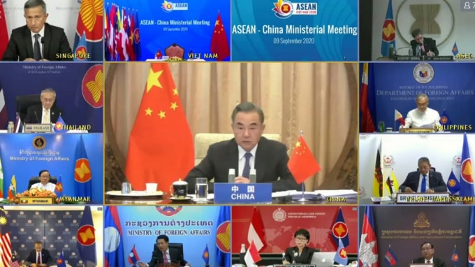 Bộ trưởng Ngoại giao Trung Quốc Vương Nghị phát biểu trực tuyến cuộc họp cấp bộ trưởng ASEAN-Trung Quốc vào ngày 9 tháng 9. Ảnh: Ban Thư ký ASEAN / Kusuma Pandu Wijaya