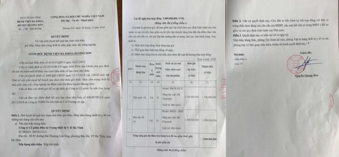 Ông Nguyễn Quang Hòe (Giám đốc bệnh viện) ký Quyết định số 297QĐ-BV ĐK lựa chọn Công ty CP đầu tư trang thiết bị y tế Hà Tĩnh là đơn vị trúng thầu gói thầu mua sắm trang thiết bị máy giặt, máy sấy công nghiệp.