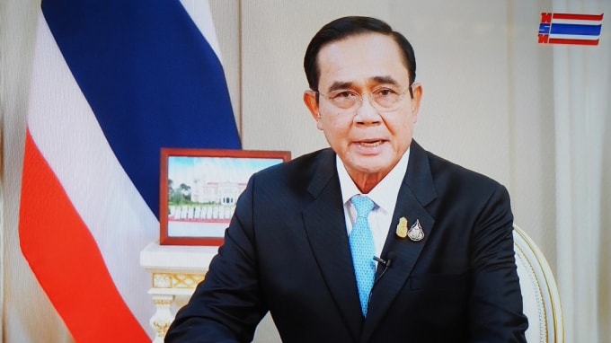 Thủ tướng Thái Lan Prayuth Chan-ocha phát biểu trên sóng truyền hình quốc gia hôm thứ Năm. Ảnh: Masayuki Yuda/Nikkei