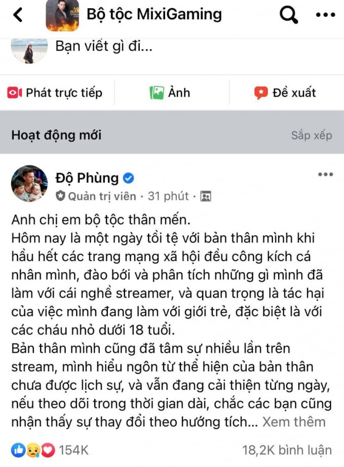 Tâm thư của Độ Mixi nhận tới gần 300.000 lượt cảm xúc, trong đó có tới 58.000 cảm xúc buồn, hơn 35.000 bình luận.