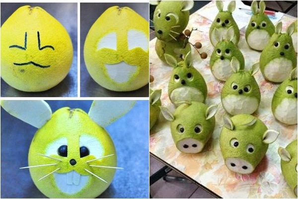 Tạo hình thỏ và lợn bằng quả bưởi.