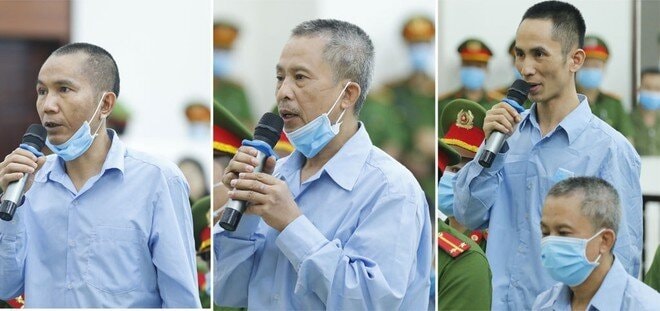 Từ trái sang bị cáo Lê Đình Chức, Lê Đình Công, Lê Đình Doanh tại phiên tòa. Trong đó, bị cáo Lê Đình Công được xác định là kẻ chủ mưu.