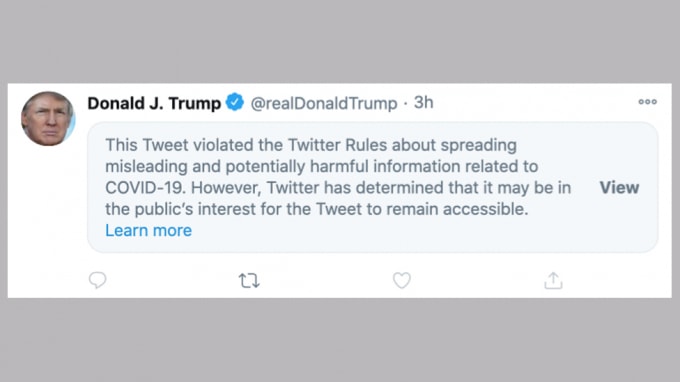 Bài viết của Trump bị Twitter dán nhãn cảnh báo. Ảnh: Twitter