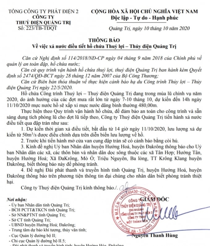 Thông báo xả lũ của Cty Thủy điện Quảng Trị.