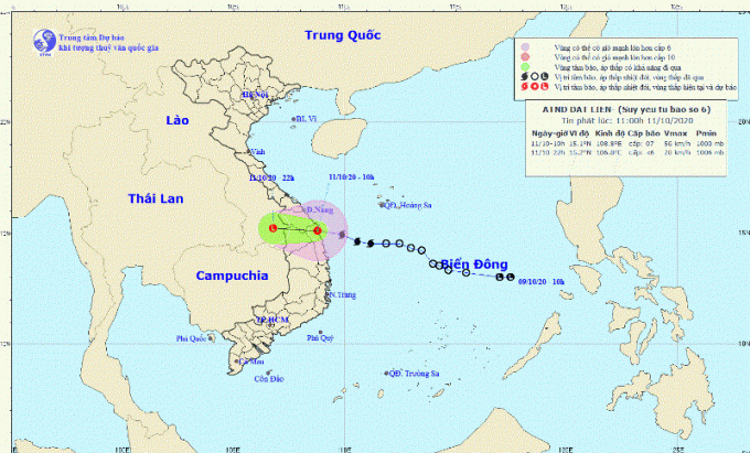 Bão số 6 đã đi vào đất liền các tỉnh Quảng Nam, Quảng Ngãi và suy yếu thành áp thấp nhiệt đới.