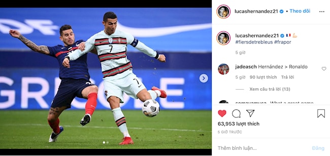 Cầu thủ Lucas Hernandez có bức ảnh đáng nhớ trong trận đấu rạng sáng nay 12/10. Ảnh: bongda24h.