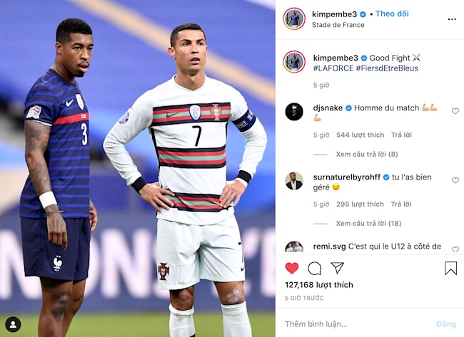 Trung vệ Kimpembe có thể chọn một bức ảnh sôi nổi hơn rất nhiều. Và anh quyết định đăng ảnh với Cristiano Ronaldo. Ảnh: bongda24h.