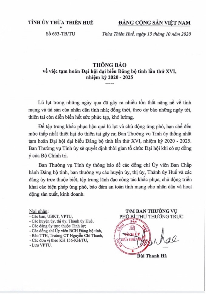 Thông báo hoãn Đại hội của Tỉnh ủy Thừa Thiên Huế.