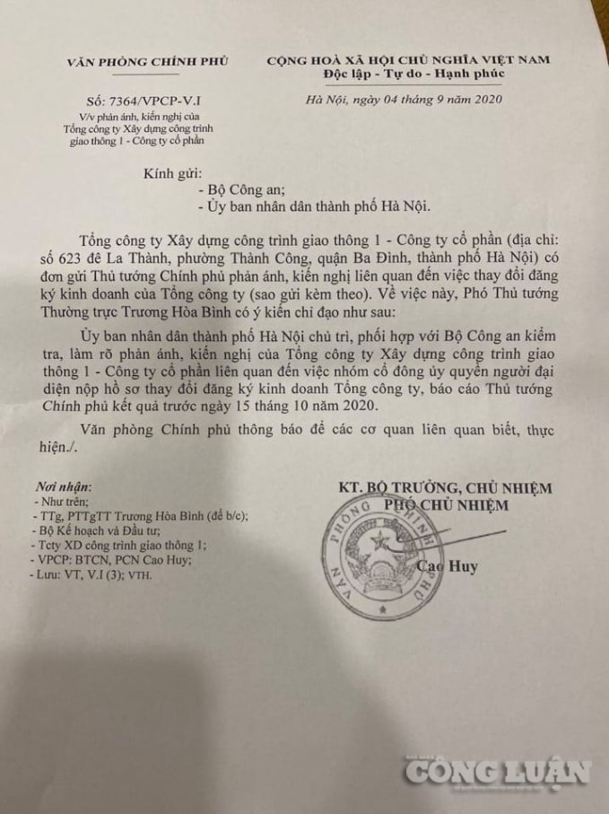Văn bản chỉ đạo của Phó Thủ tướng Thường Trực Trương Hòa Bình