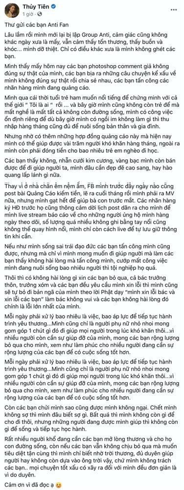 Toàn bộ chia sẻ của Thủy Tiên.