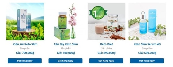 Bộ sản phẩm Keto Slim được bày bán trên website