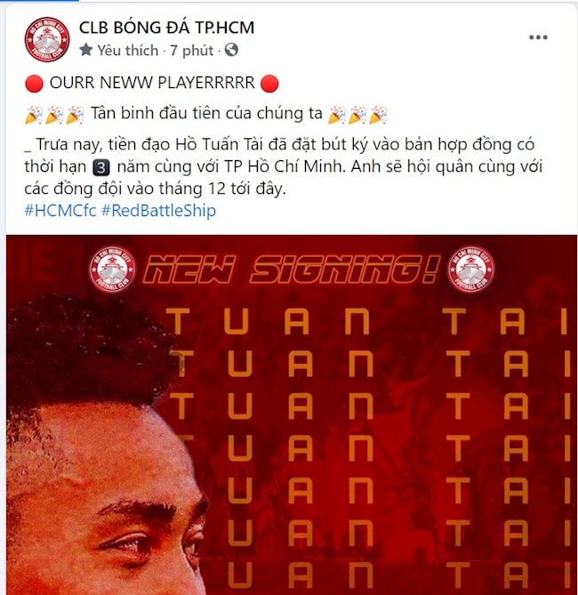 Hồ Tuấn Tài gia nhập CLB TP.HCM. Ảnh: bongda24h.vn