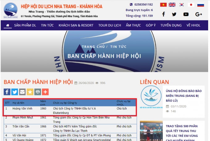 Công ty TNHH Đầu Tư V.A.Ekaterinburg do ông Hoàng Văn Vinh - Chủ tịch Hiệp hội du lịch Nha Trang - Khánh Hoà là đại diện pháp luật