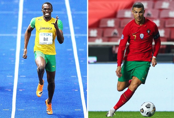 Cựu ngôi sao điền kinh thế giới Usain Bolt cũng phải ‘chào thua’ tốc độ của Ronaldo. Ảnh: tienphong.vn