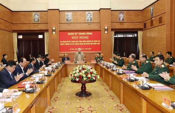 Tổng Bí thư, Chủ tịch nước Nguyễn Phú Trọng, Bí thư Quân ủy Trung ương phát biểu tại Hội nghị. Ảnh: TTXVN