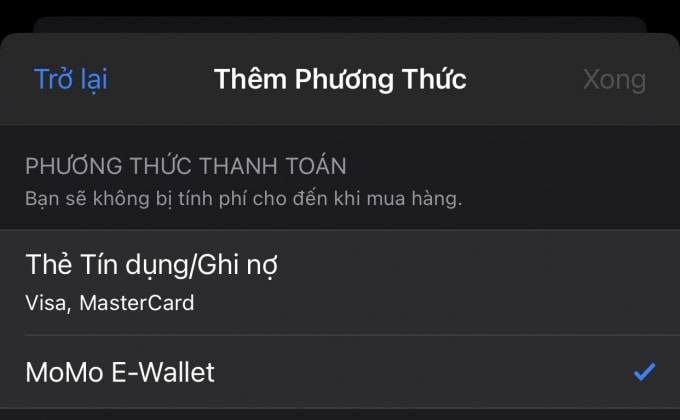 Ví điện tử Momo được đưa vào là một phương thức thanh toán cùng với thẻ tín dụng