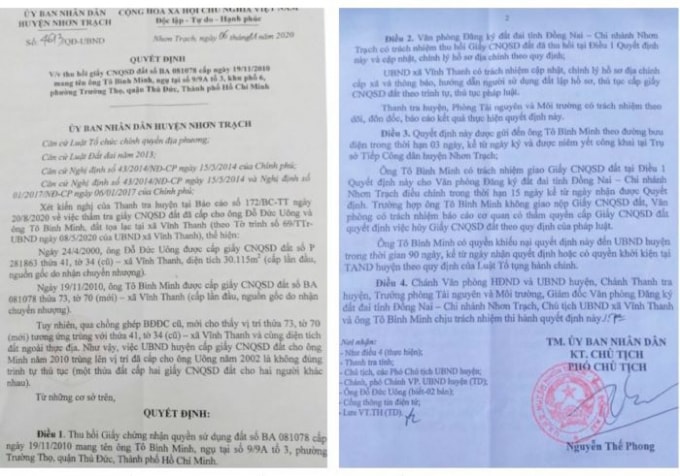 Sau thông báo, người dân chưa kịp hiểu chuyện gì đang xảy ra với tài sản trị giá hàng chục tỷ đồng thì UBND huyện Nhơn Trạch ra Quyết định thu hồi.