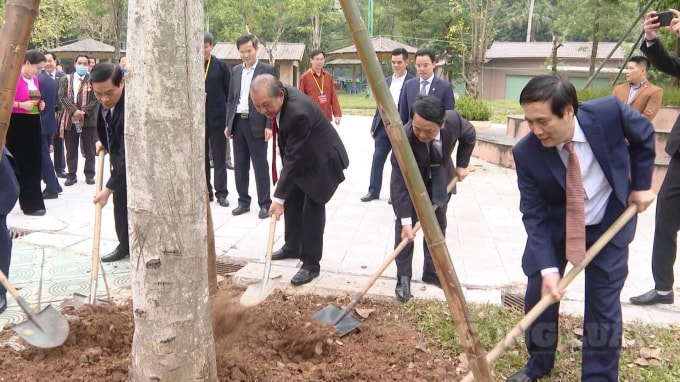 Đồng chí Trương Hòa Bình cùng đoàn Đại biểu các dân tộc thiểu số Việt Nam lần thứ II đã trồng cây lưu niệm tại Ngã năm Đền Giếng.