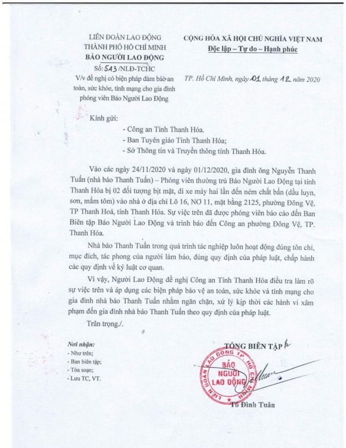 Công văn của Báo Người Lao Động gửi cơ quan chức năng tỉnh Thanh Hóa đề nghị hỗ trợ, bảo vệ ông Nguyễn Thanh Tuấn. Ảnh: QD