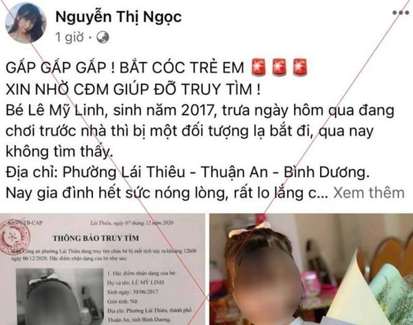 Thông tin giả mạo trên mạng xã hội về bé gái bị bắt cóc tại phường Lái Thiêu. Ảnh: Ảnh chụp màn hình