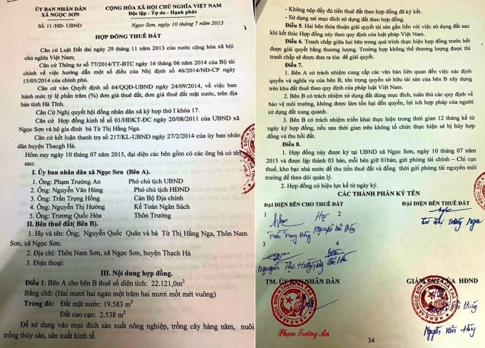 Hợp đồng thuê đất giữa UBND xã Ngọc Sơn với ông Nguyễn Quốc Quân cùng bà Từ Thị Hằng Nga (vợ ông Quân) có thời hạn 5 năm
