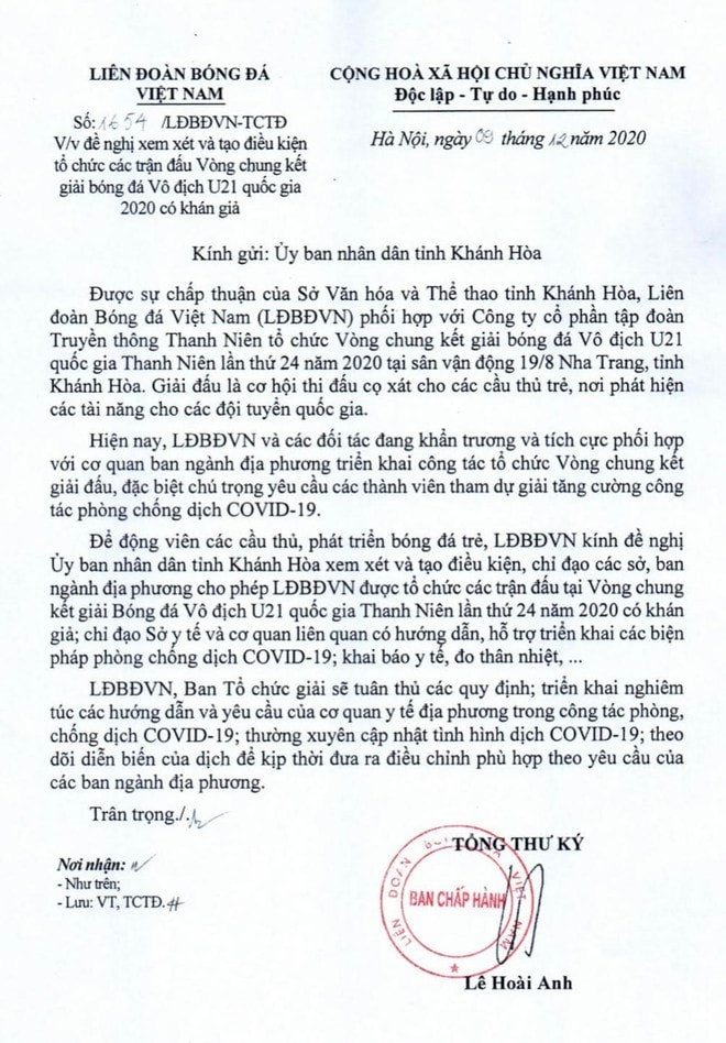 Nội dung công văn của VFF gửi tới UBND tỉnh Khánh Hoà về việc tổ chức giải U21 Quốc gia. Ảnh: vietgiaitri.com