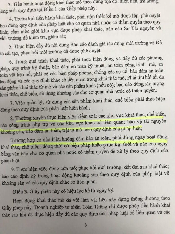 Giấy phép khai thác khoáng sản cấp cho doanh nghiệp nêu rõ: việc khai thác, chế biến phải đảm bảo an toàn theo quy định của pháp luật. Ảnh: Quang Duy