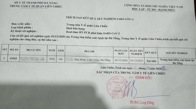 Bản gốc kết quả xét nghiệm âm tính. Ảnh: BVCC
