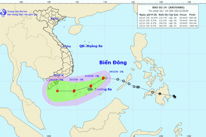 Vị trí và đường đi của bão số 14. Ảnh: Trung tâm Dự báo Khí tượng Thủy văn Quốc gia.