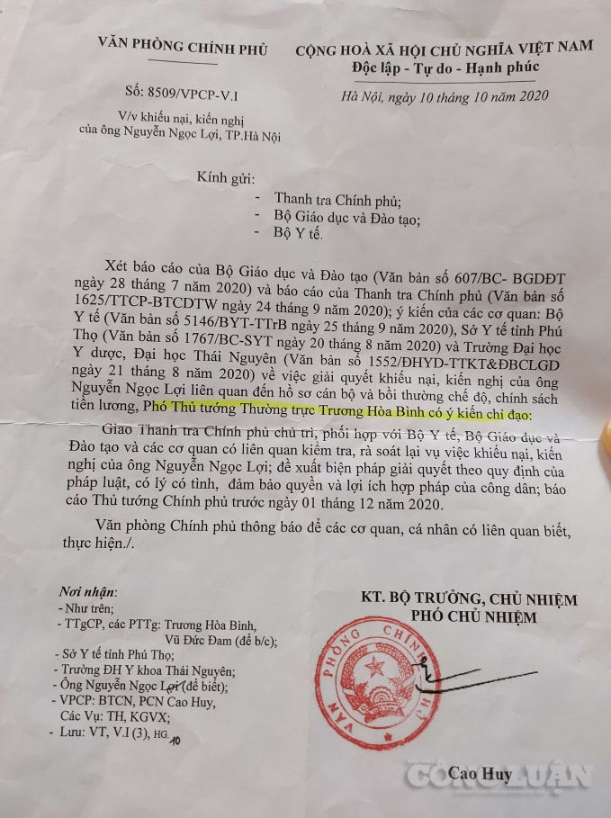 Văn bản của Văn phòng Chính phủ truyền đạt ý kiến chỉ đạo của Phó Thủ tướng Thường trực Chính phủ Trương Hòa Bình về vụ việc